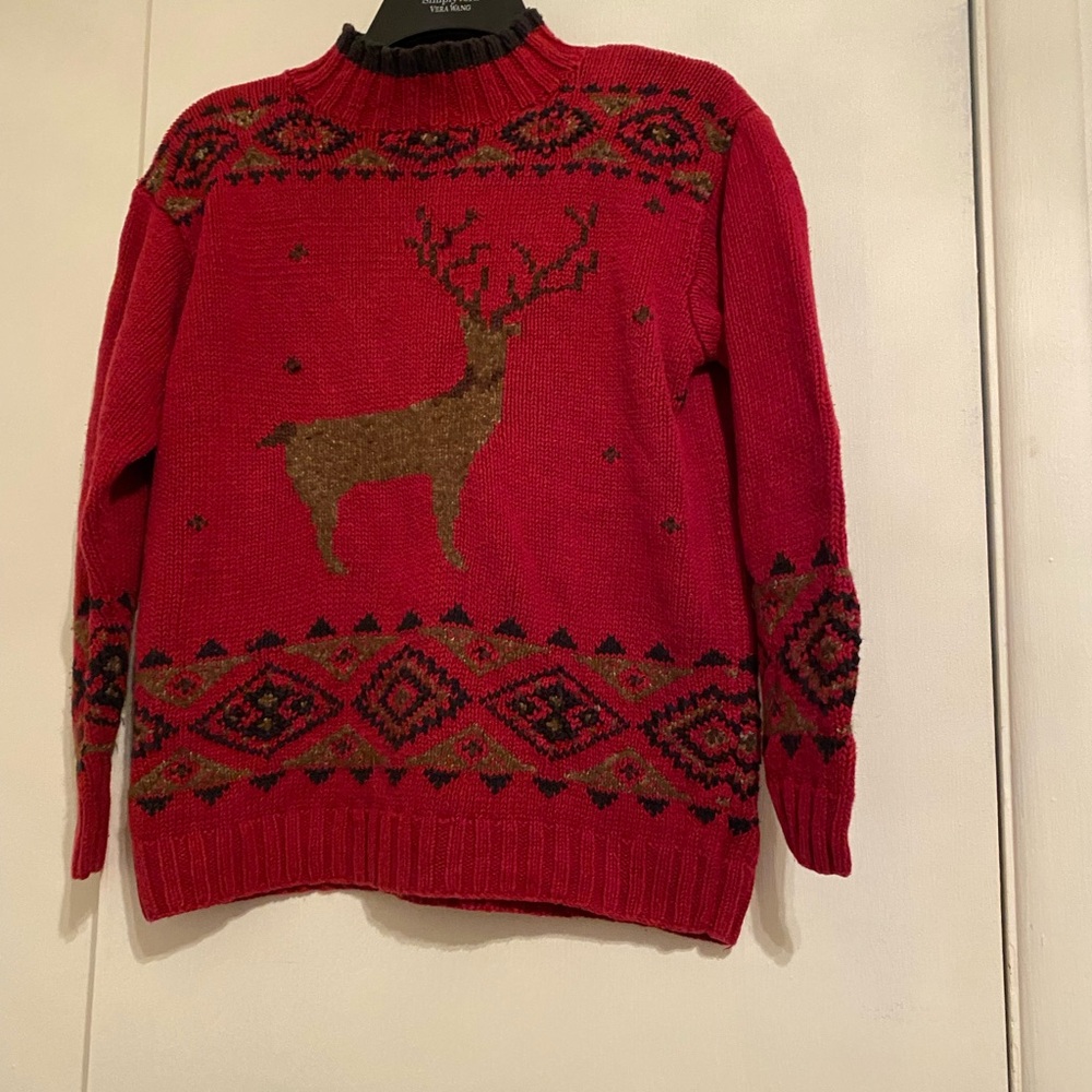 Eddie Bauer Vtg Christmas Hand Knitted Red Deer Pattern Crewneck Sweater Size XS